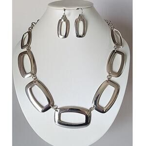 Vintage Dana Buchman Chunky Open Rectangle Necklace & Earrings Silver Tone